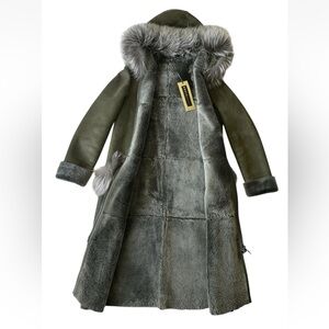 Women's Genuine Fox Fur Hooded Full Zip Shearling Long Coat Olive Green M runs S